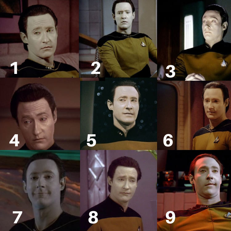 Mr. Data from Start Trek with several faces