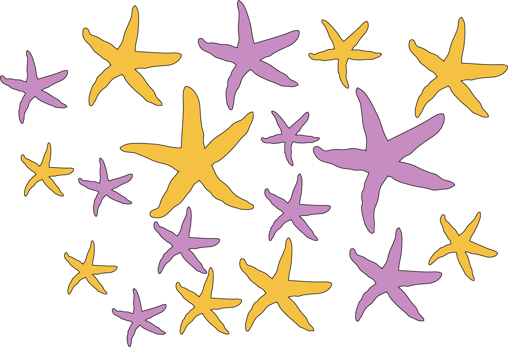 Several starfish, some orange, some pink.